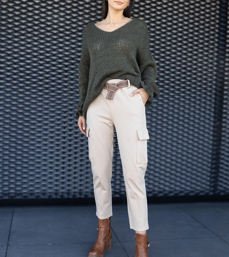 Bežové kalhoty typu cargo s našitými kapsami Nuala.