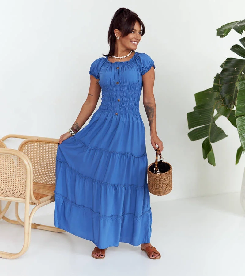 Modré maxi šaty se záhyby Elenna