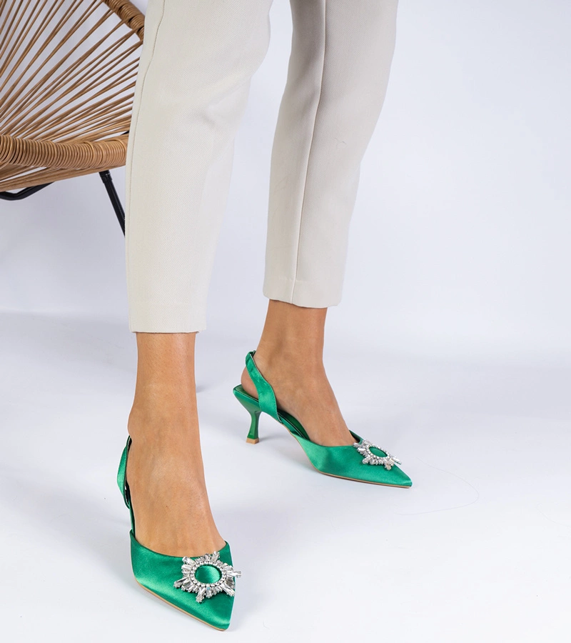 Zelené saténové lodičky s otevřenou patou Melossi