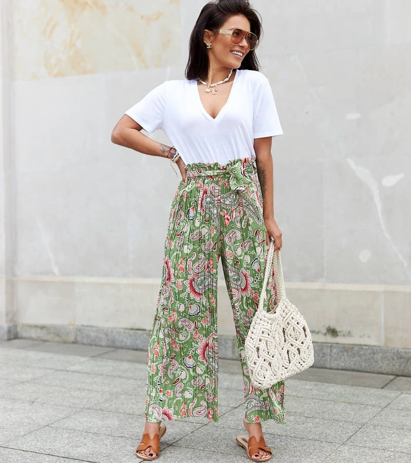 Zelené dámské široké plisované kalhoty Sanaa