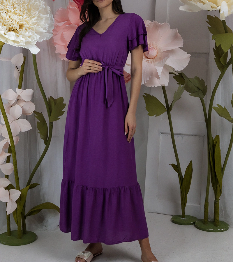 Fialové maxi šaty s krátkým rukávem Akina