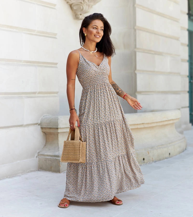 Oranžovo-modré maxi šaty na ramínka Fabíola