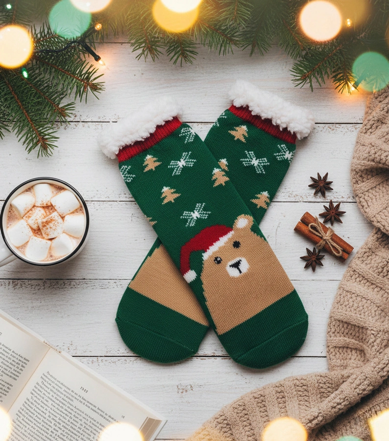 Zelené zateplené ponožky s medvídkem Challi