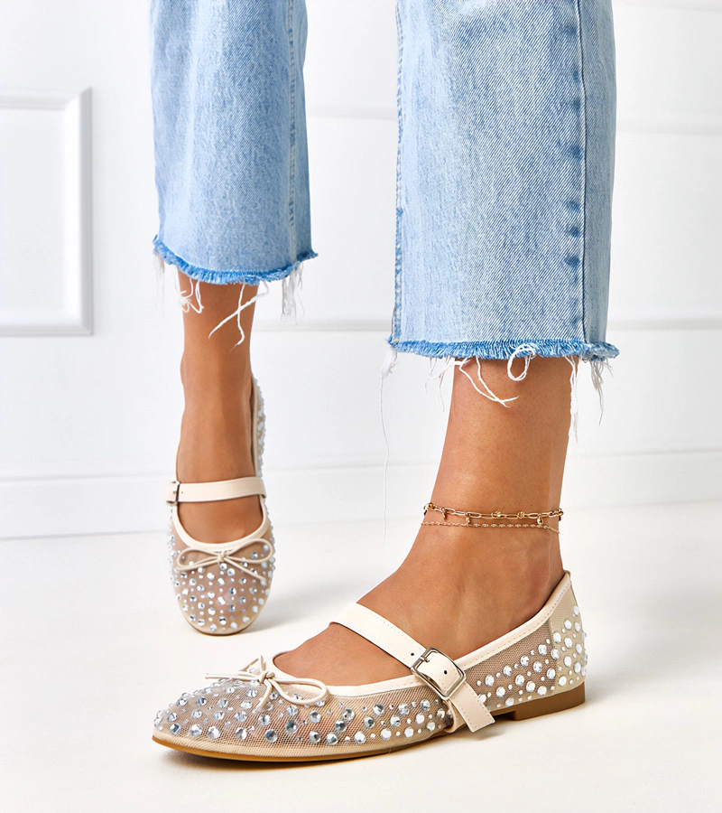 Béžové síťované baleríny s krystaly Elasida