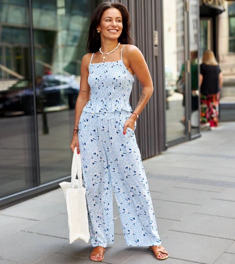 Modrý komplet s topem bez ramínek a kalhotami Lilia