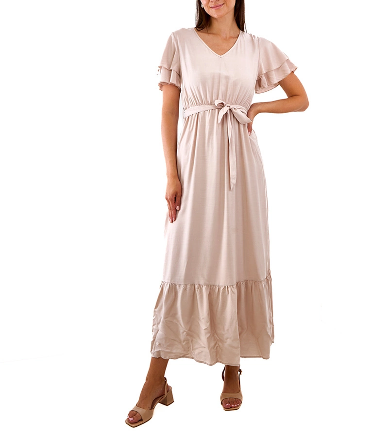 Bežové maxi šaty s krátkým rukávem Akina