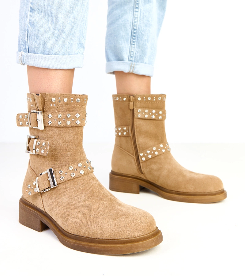 Hnědé kotníkové boty s kamínky na nízkém podpatku Brosca