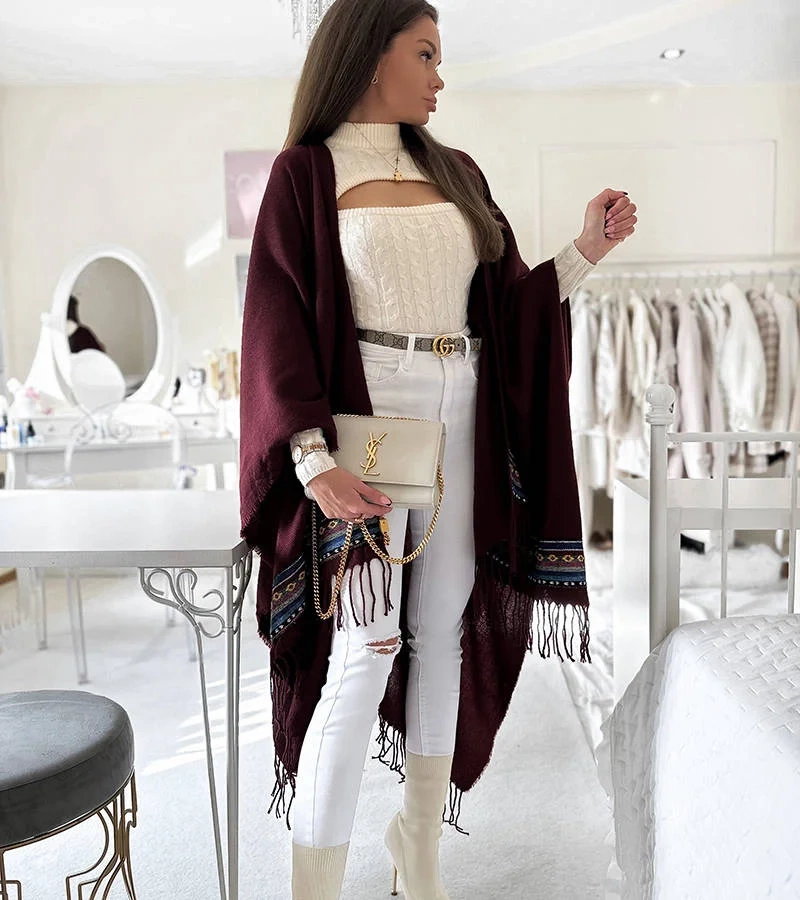 Bordó pončo s třásněmi od Jakobe