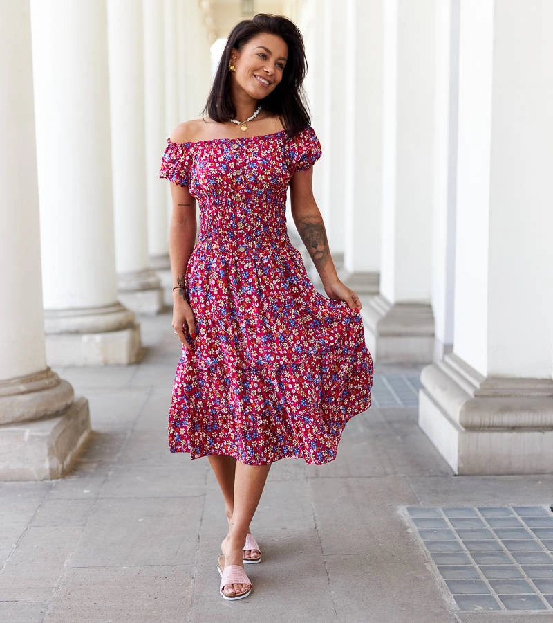 Rosanna růžové květinové midi šaty