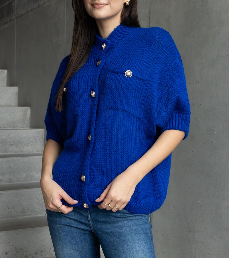 Dámský modrý svetr s krátkým rukávem ozdobné knoflíky Shela