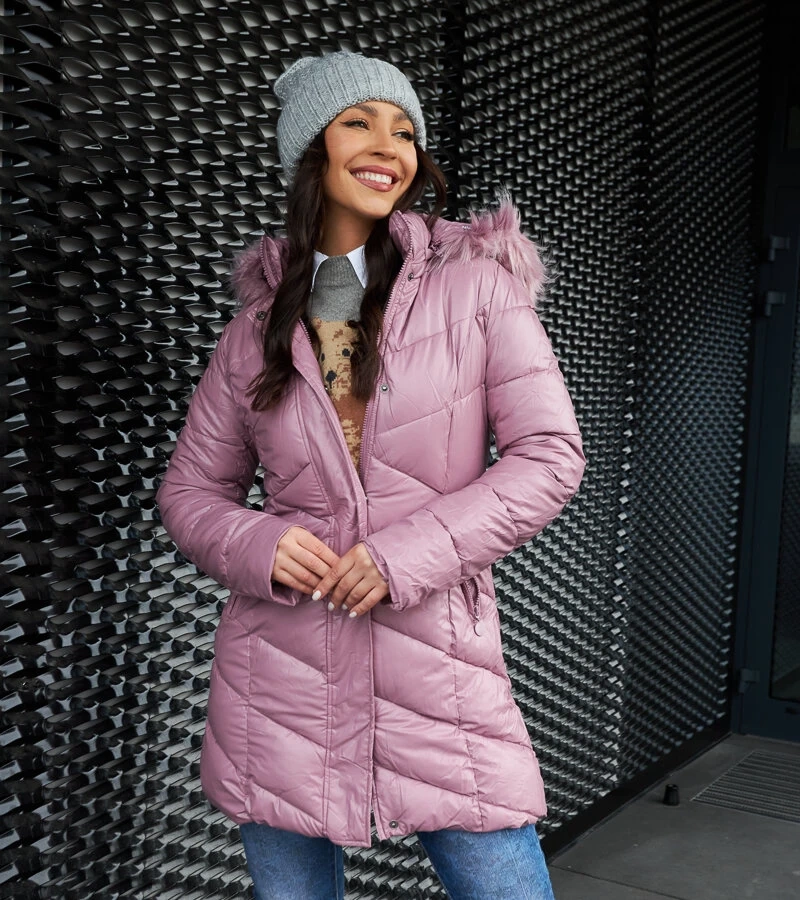 Růžová bunda s odnímatelným kožešinovým límcem Riverton H-898/38 RŮŽOVÁ