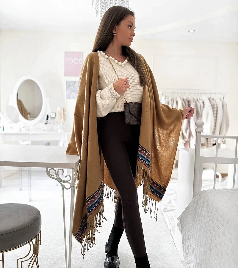 Camelové pončo s třásněmi Jakobe