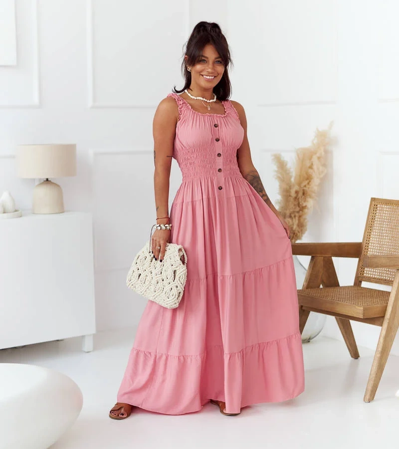 Růžové maxi šaty bez ramínek Hildi