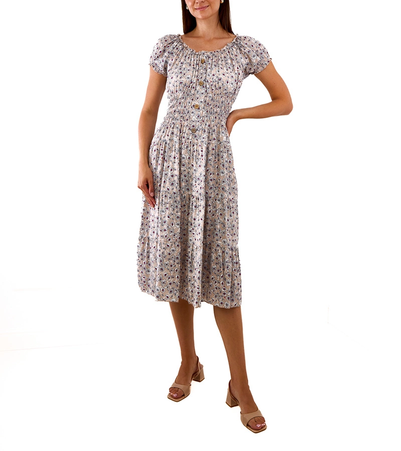 Béžové květinové midi šaty Eloize