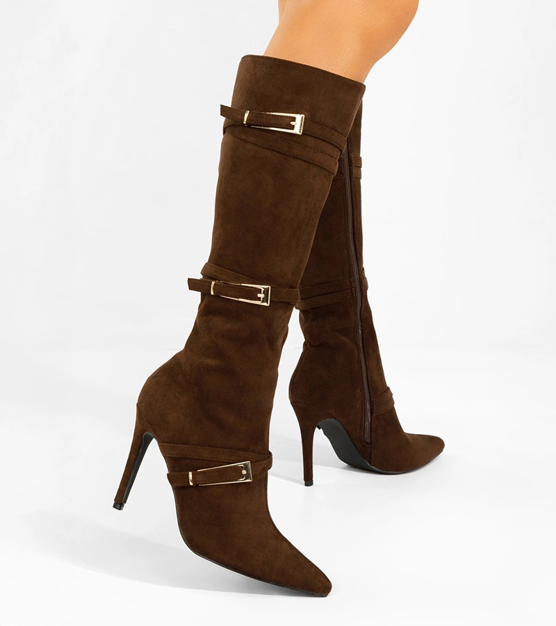 Čokoládové kozačky na jehlách s ozdobnými přezkami Sadie