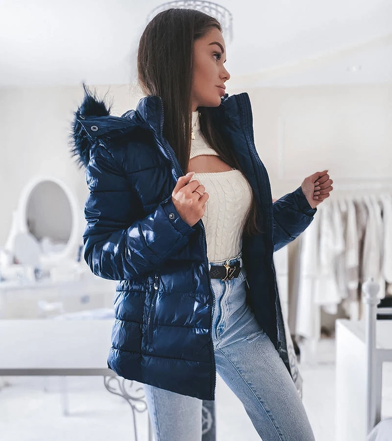 Námořnická modrá bunda s kožešinovou kapucí Poisson