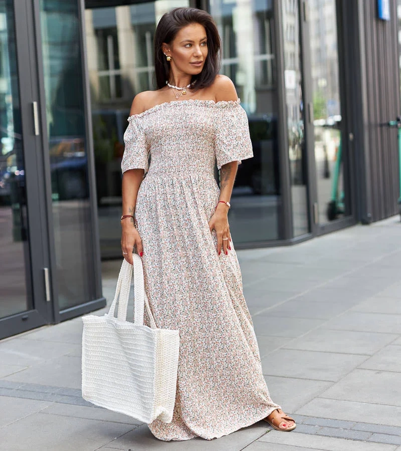 Béžové květinové maxi šaty Ilario