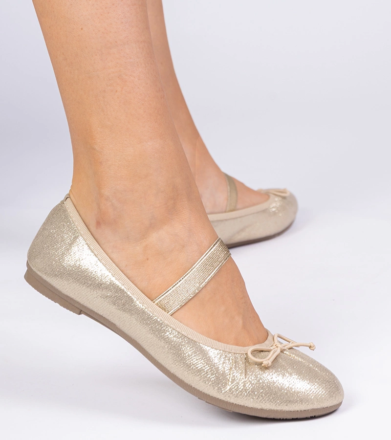 Zlaté dámské baleríny s mašlí na gumičce Lerona
