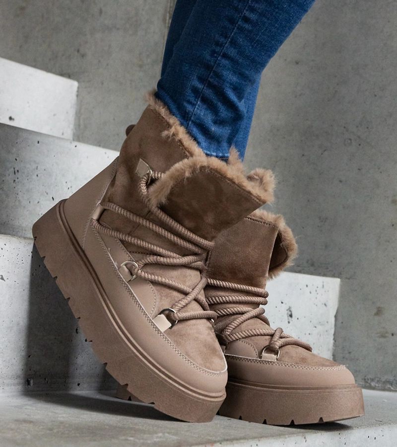 Tmavobéžové sněhule na platformě zateplené kožíškem Andra