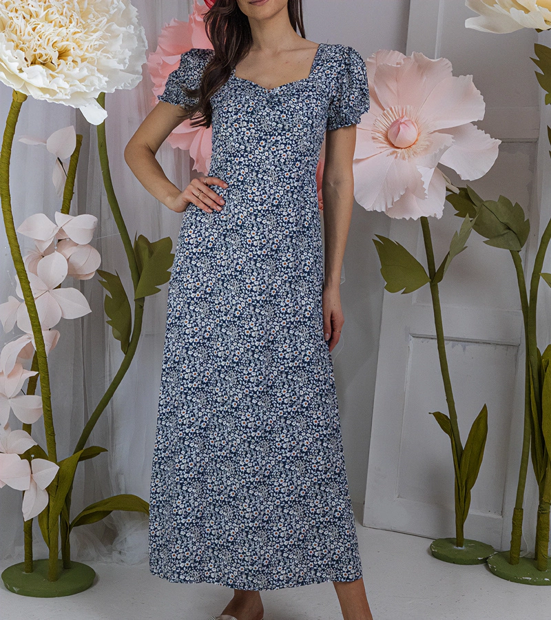 Modré maxi šaty s výstřihem Amande