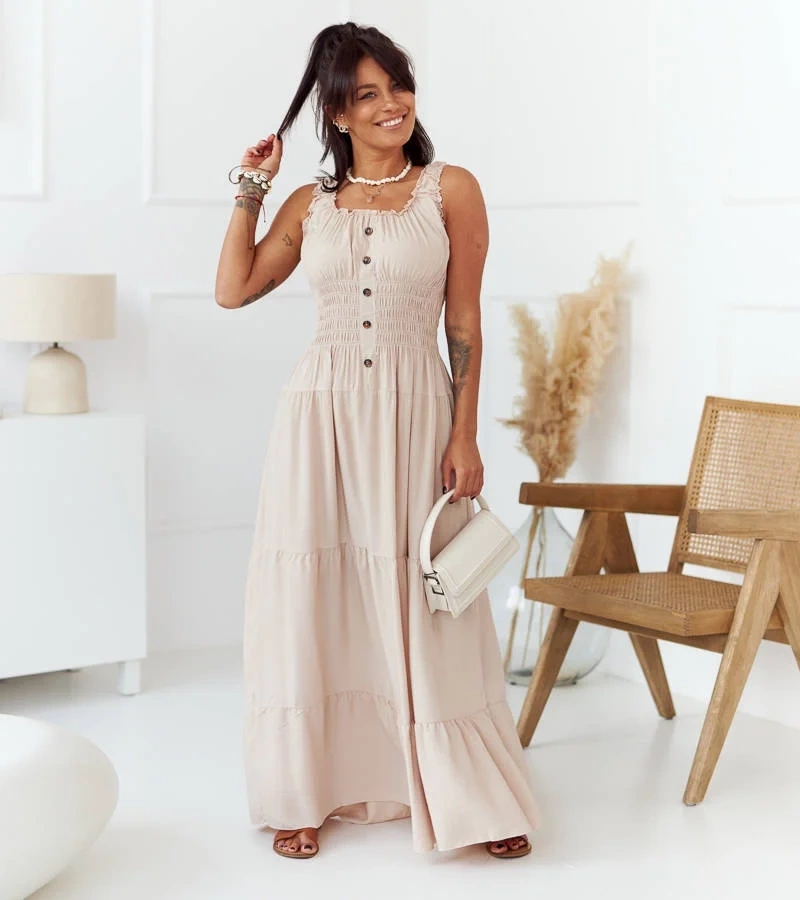 Béžové maxi šaty bez ramínek od Hildi