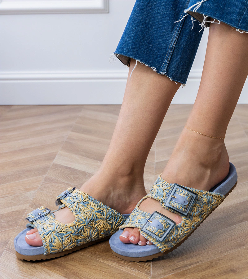 Modré háčkované pantofle s přezkami na páscích Firada