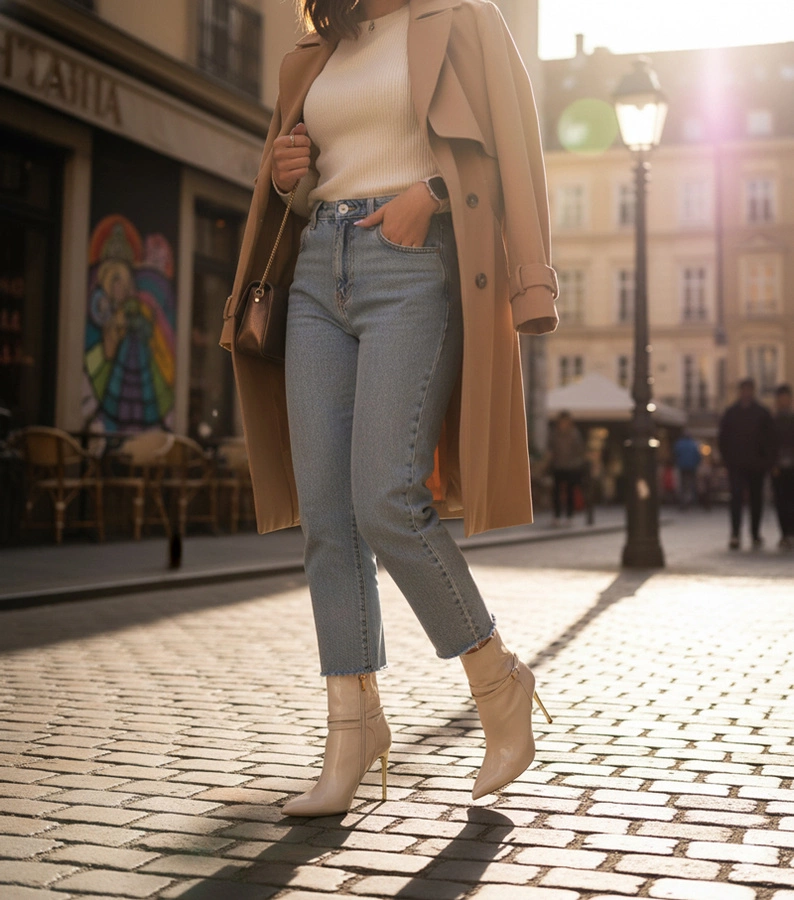 Béžové kotníkové boty na zlatém podpatku s leskem Carmila