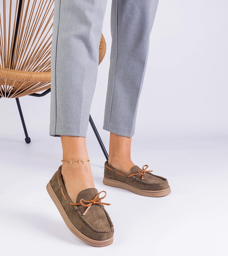 Zelené dámské mokasíny z eko semiše s mašlí Sarina