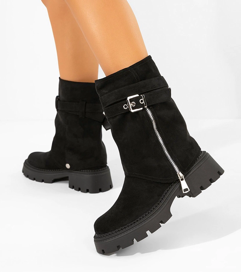 Černé kotníkové boty s odepínacím svrškem s ozdobným zipem Edna
