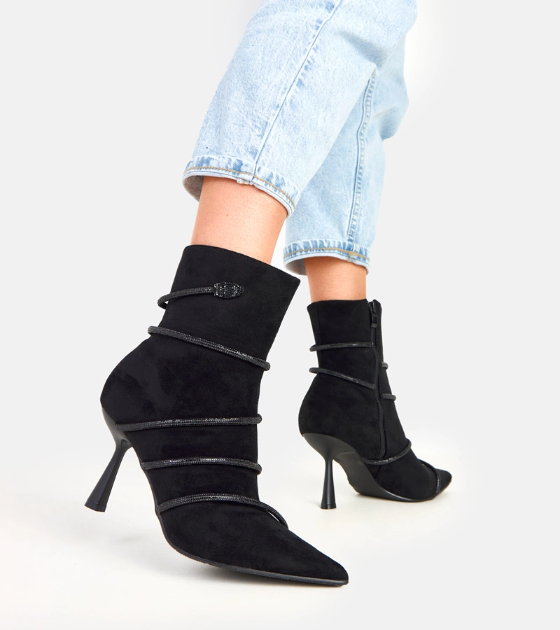 Czarne botki na szpilce zdobione cyrkoniami Nethe