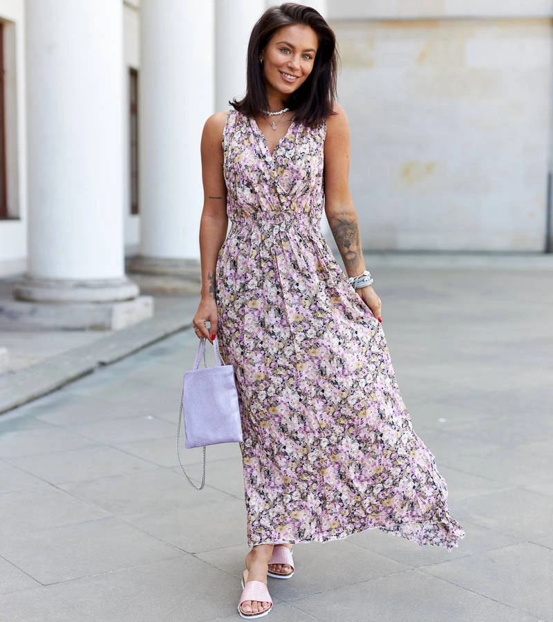 Růžové maxi šaty s elastickým pasem Beneventi