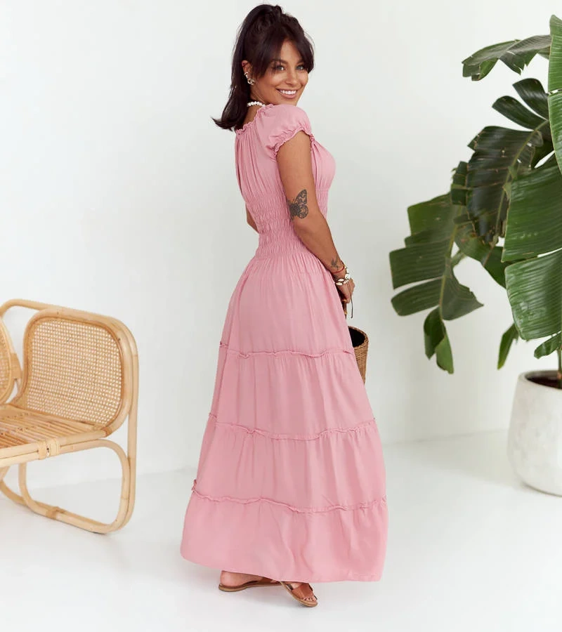 Růžové maxi šaty se záhyby Elenna
