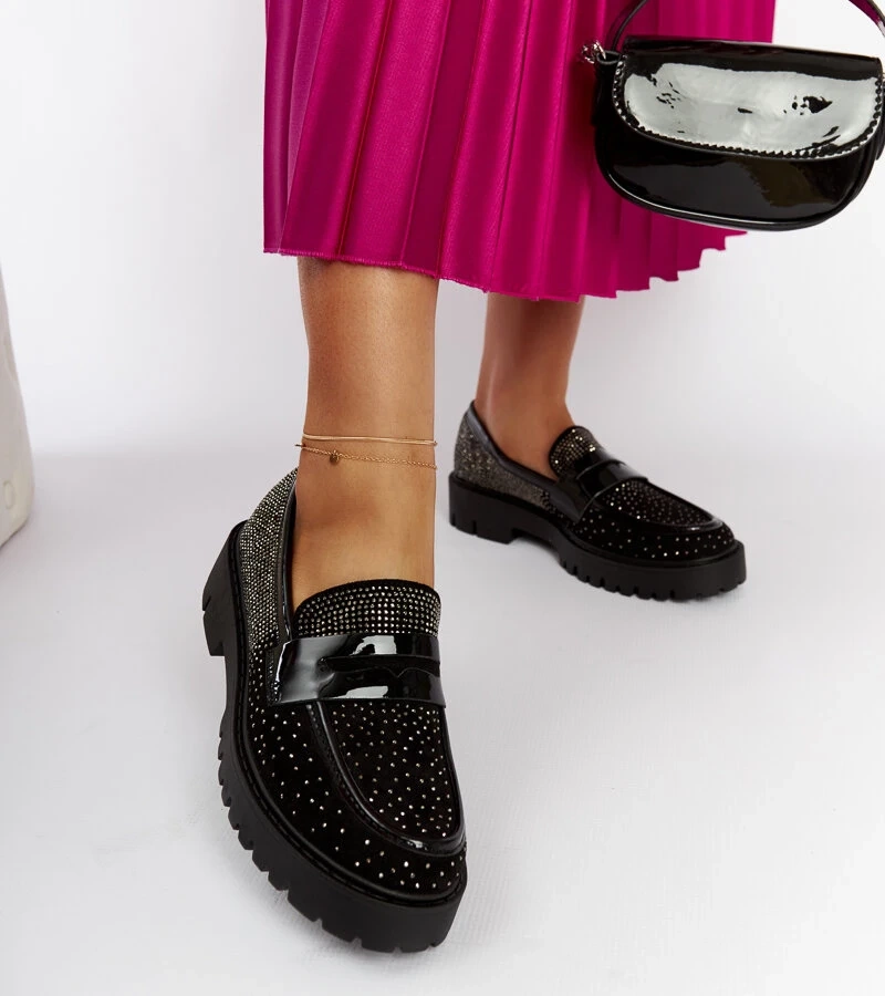 Černé mokasíny zdobené zirkony Newport