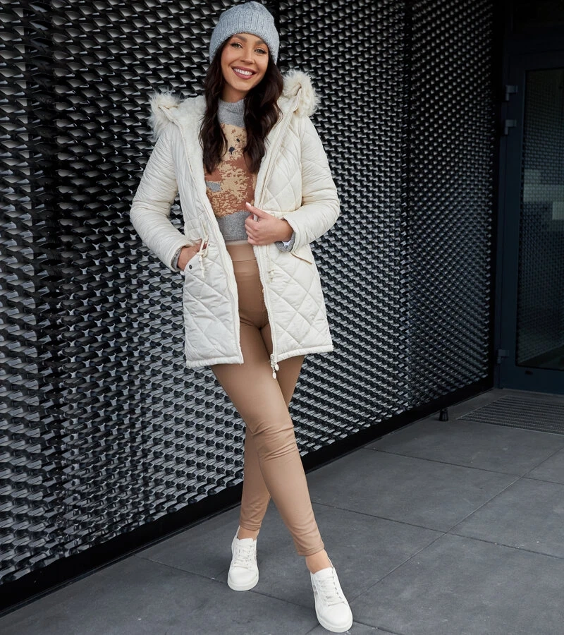 Krémová bunda s odnímatelným kožešinovým límcem Riverton H-897/11 CREAM