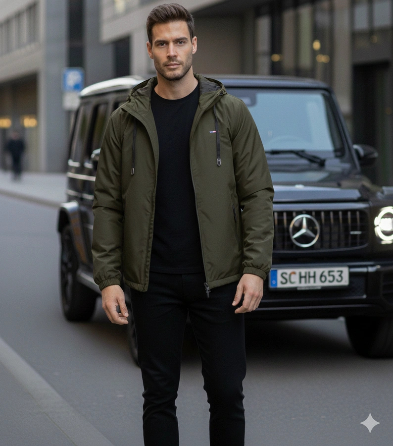 Zelená pánská větrovka s kapucí Duplessis