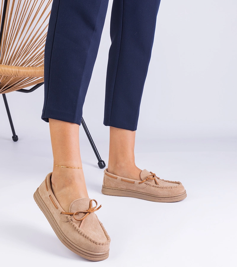 Béžové dámské mokasíny z ekosemiše s mašlí Sarina