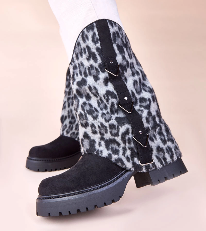 Černé kotníkové boty s leopardím ohrnutým svrškem Kaylia