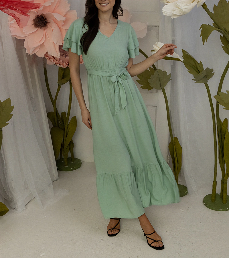 Zelené maxi šaty s krátkým rukávem Akina