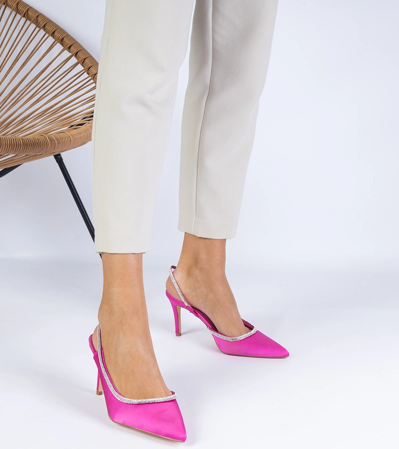 Růžové saténové lodičky s kamínky s otevřenou patou Mrozzi