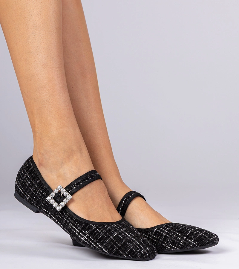 Černé dámské baleríny s přezkou a krystaly Piona