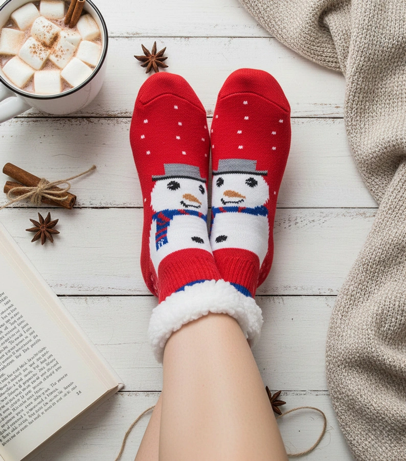 Červené zateplené ponožky se sněhulákem Challim