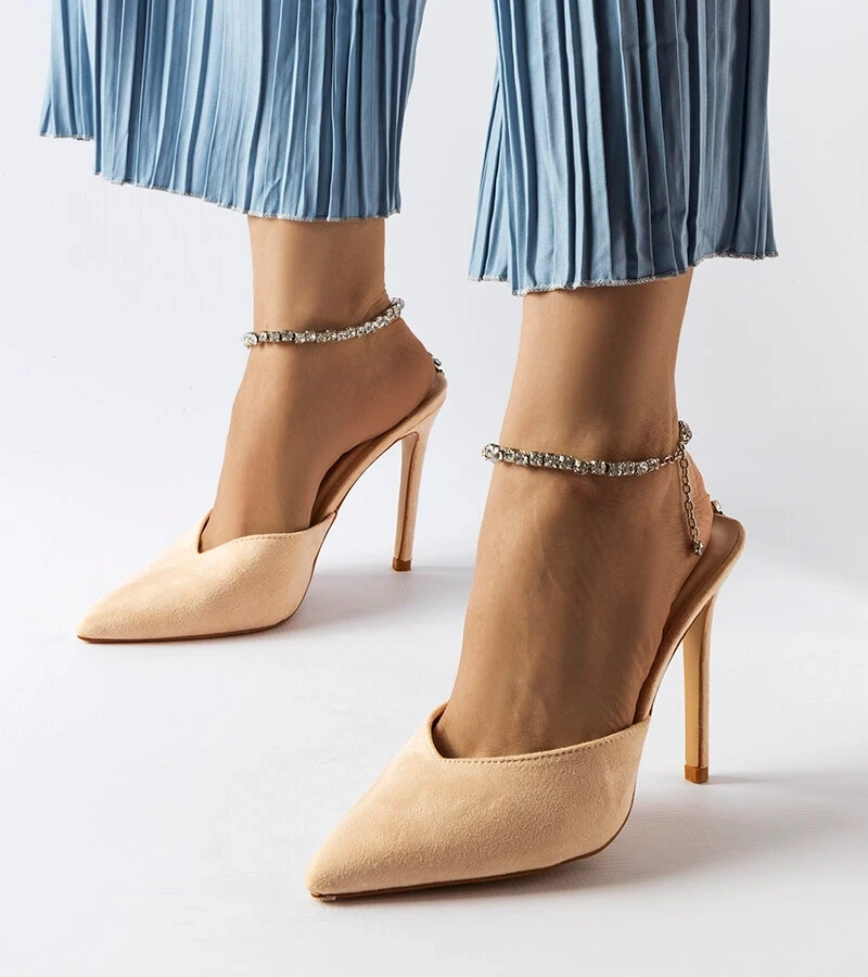 Žabky Claude na béžovém jehlovém podpatku se zirkony