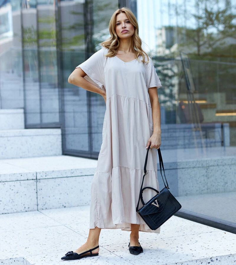 Maxi šaty Mamelia v béžové barvě s volným střihem