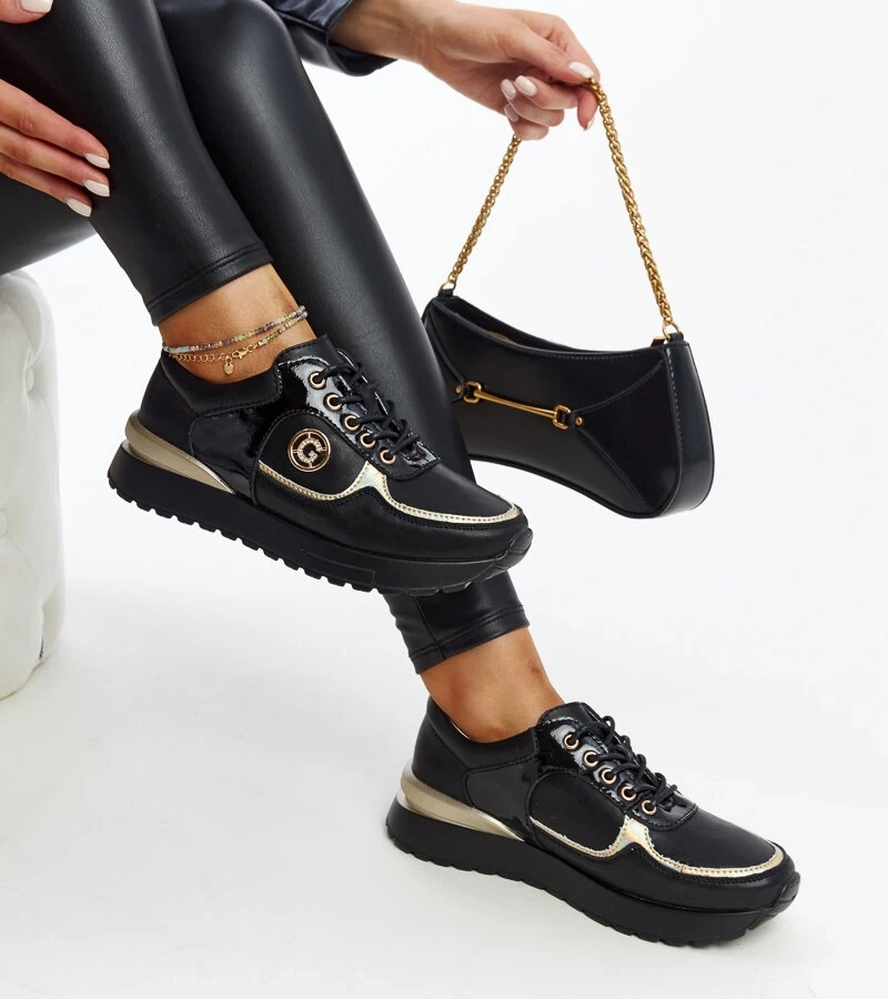 Černé kožené tenisky na platformě Huduna