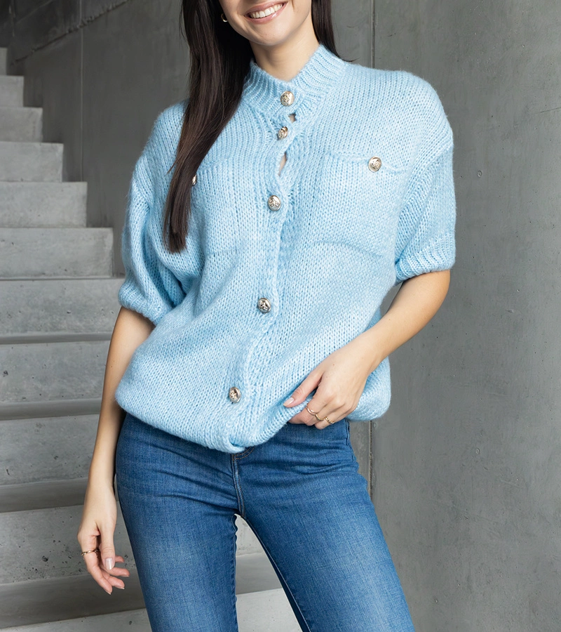 Dámský modrý svetr s krátkým rukávem ozdobné knoflíky Shela
